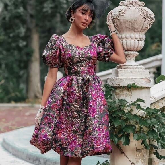 JessaKae Dresses & Skirts - Jessakae Floral Brocade Jacquard Burgundy Gold Metallic Dress Fit & Flare 3X